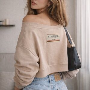 Explorer Off-The-Shoulder Crop Sweater in Beige